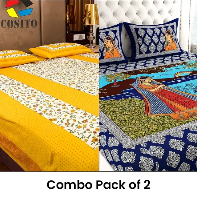 Jaipuri Cotton 88x88In(Yellow) & 82x92In Jaipuri Print Bedsheet with 2 Pillow Cover (Blue) Pack of 2