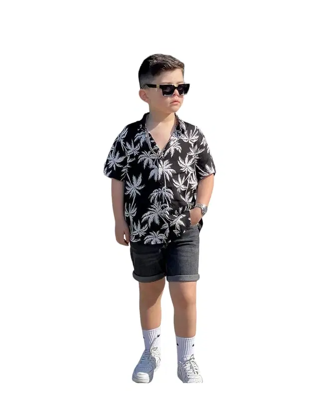 Cotton Blend Printed Shirt For Boys, Black (1-2 year)