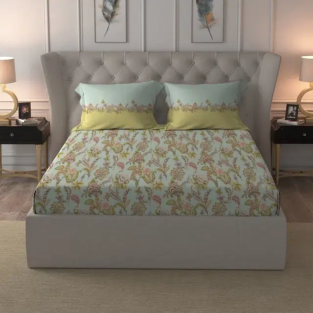 myTrident Urban Comfort 144Tc 100% Cotton Double Bedsheet 90x100in Pisat Green/Blue