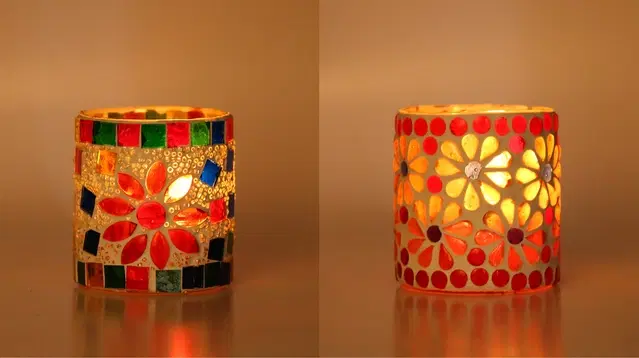 Glass Decorative Tea Light Holders, Multicolor, Pack of 2