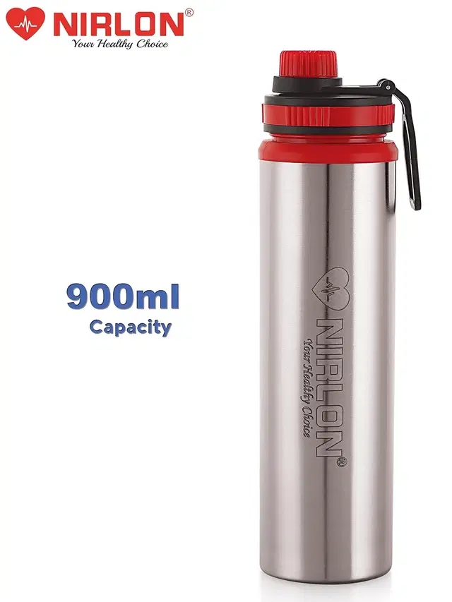 Nirlon Steel Water Bottle (900 ml, Red & Silver)