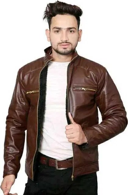 Stylish PU Leather Long Sleeve Jacket for Men (Dark Brown, M) (A-33)