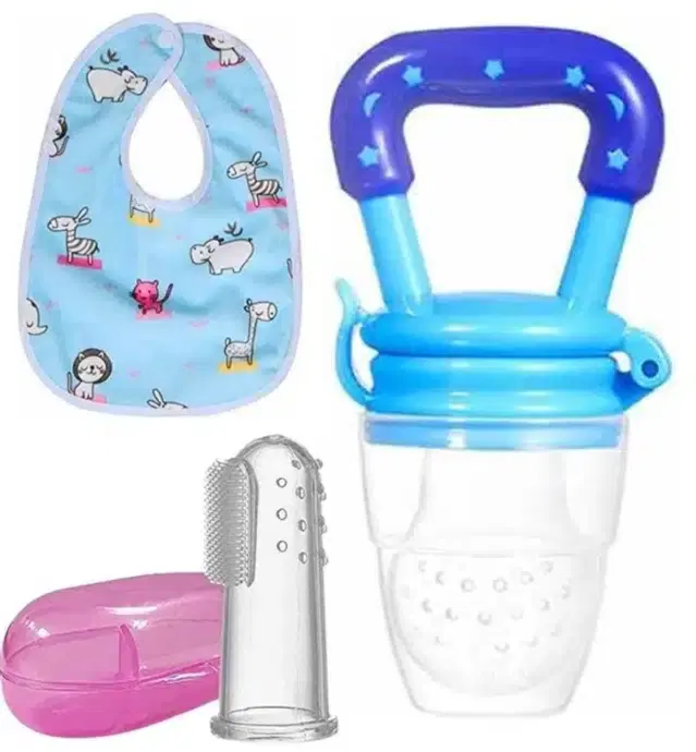 Silicone Fruit Feeder with Finger Brush & Bib for Kids, Multicolor, Set of 3