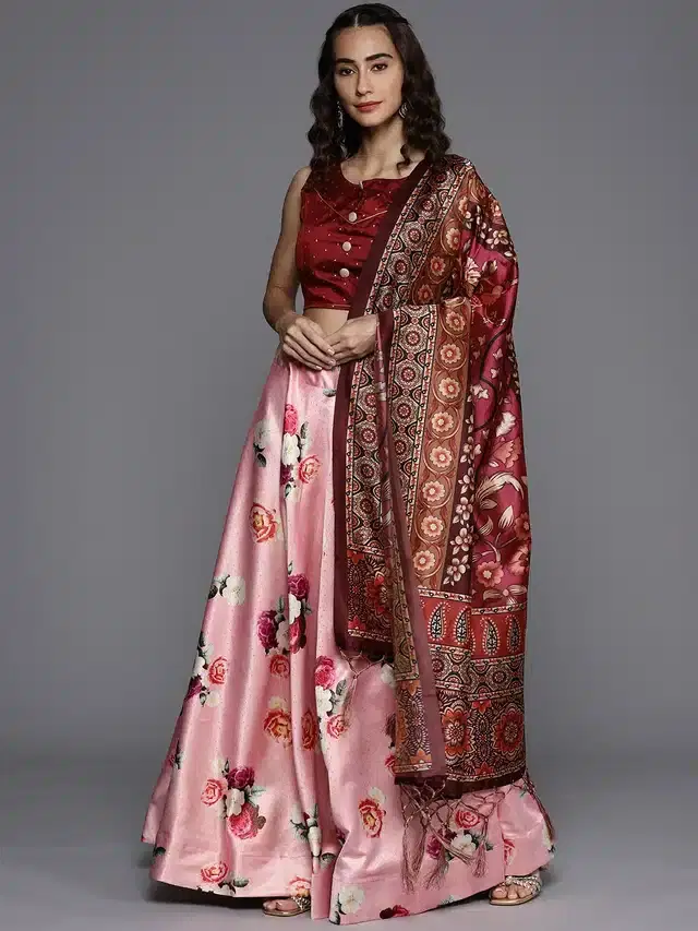 Digital Printed Unstitched Lehenga Choli for Women (Maroon & Pink)