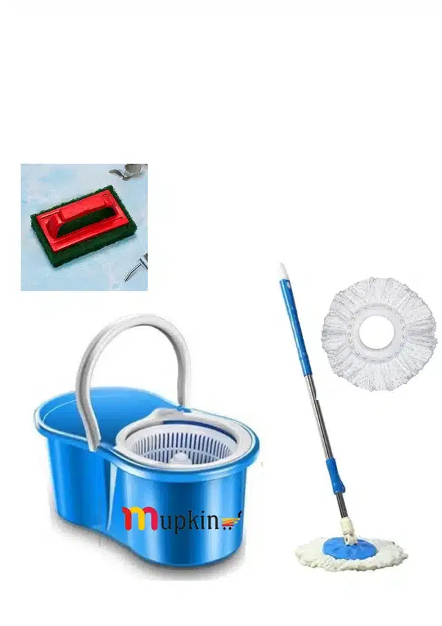 PVC Magic Spin Bucket Mop with 2 Refills & Cleaning Brush Set, Blue, Set of 2