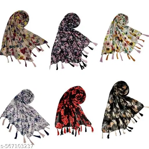 Poly Chiffon Scarves for Women, Multicolor, Pack of 6