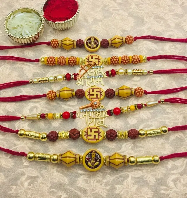 Handmade Designer Rakhi with Roli Chawal, Multicolor, Pack of 7