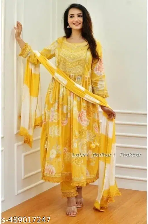 Rayon Embroidered Kurti with Pant & Dupatta Set for Women, Yellow (XXL)
