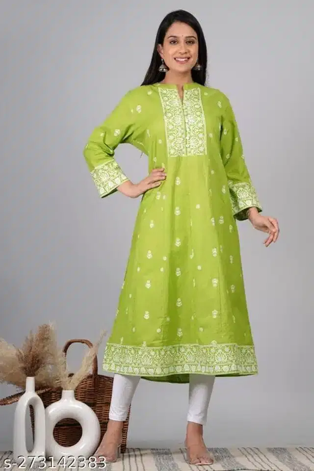 Cotton Printed Gown for Women (Green, M)