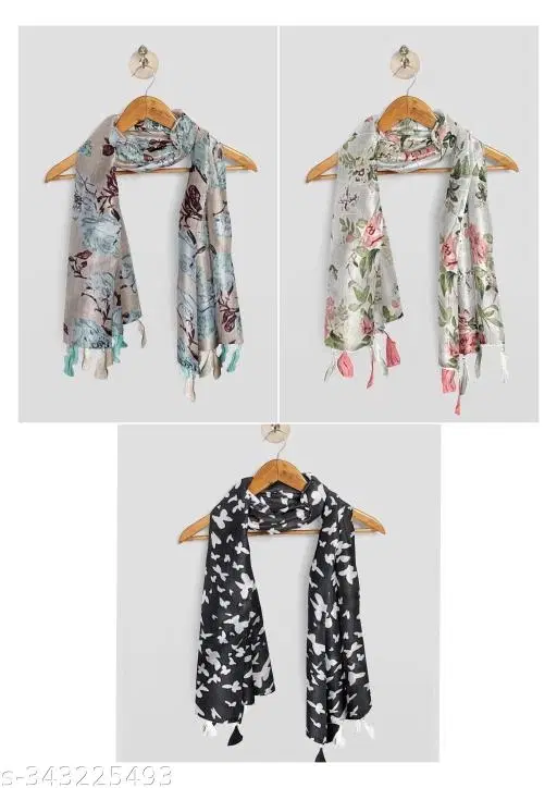 Poly Chiffon Printed Scarves for Women, Multicolor, Pack of 3