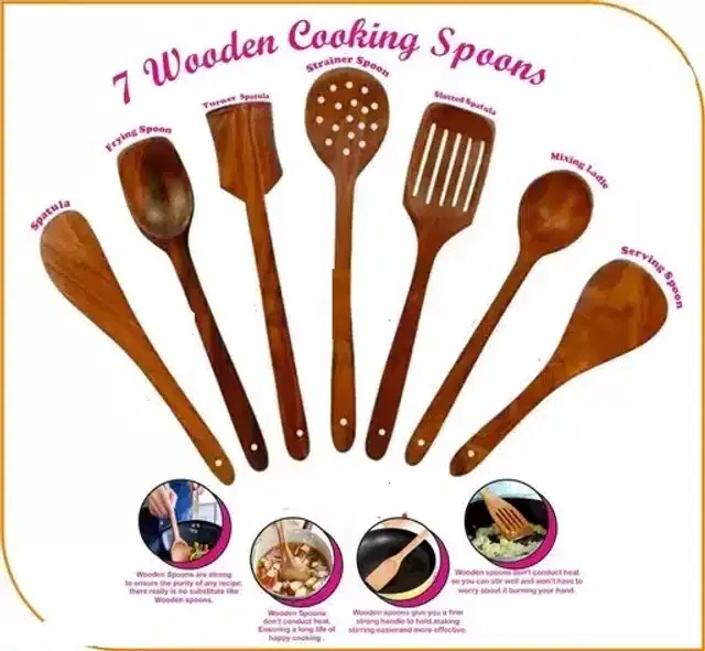 Serving and Cooking Spoon Spatula Set, Brown, Set of 7