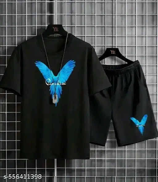 Cotton Blend Printed Top & Bottom Set for Men, Black (XS)