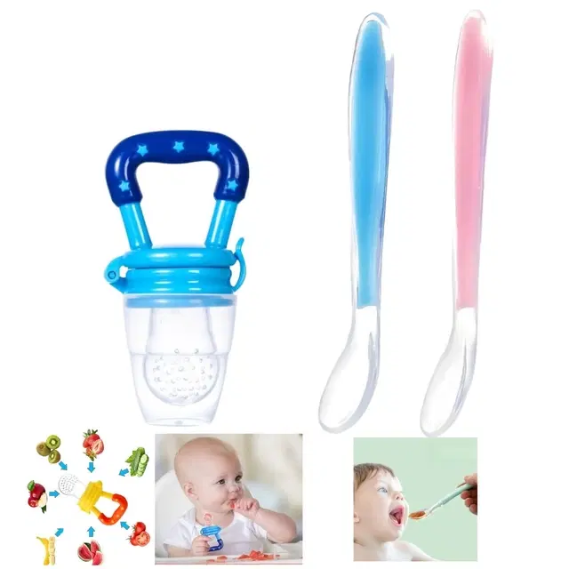 Combo of Silicone 2 Pcs Feeding Spoon & Fruit Nibbler for Baby, Multicolor, Set of 3