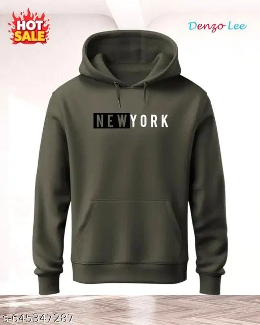 Fleece Printed Hoodie for Men, Olive (S)