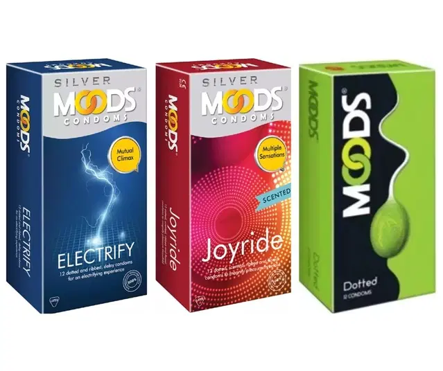 Moods Dotted with Electricity & Joy Ride 12 Pcs Dotted Condoms for Men, Set of 3