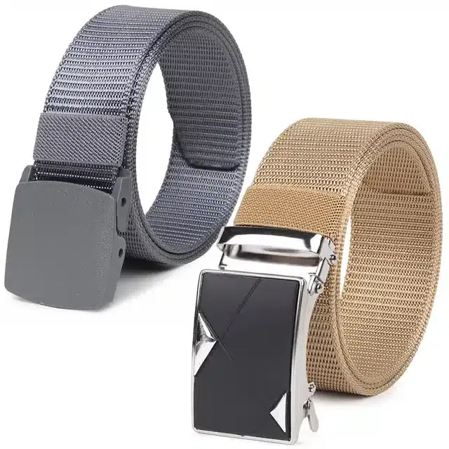 Casual Nylon Belts for Men, Pack of 2 (Grey & Cream)