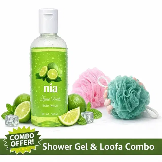 Nia Lime Fresh Body Wash 300 ml + Plastic Body Scrub Loofa (20 gm, Pack of 2)