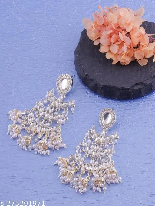 3 Step Chandbali Earrings with Pearl fitted small jumkee for Women (White, Free Size)