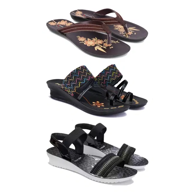 Flats with Heels & Sandals for Women, Set of 3 (Multicolor, 5)