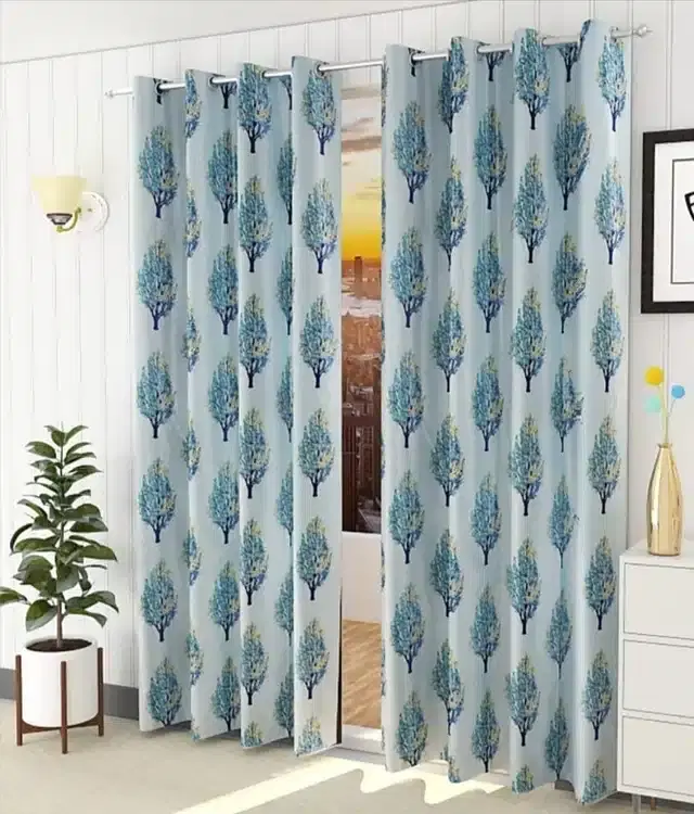 Polyester Printed Window & Door Curtains, Pack of 2, Blue, 5 feet