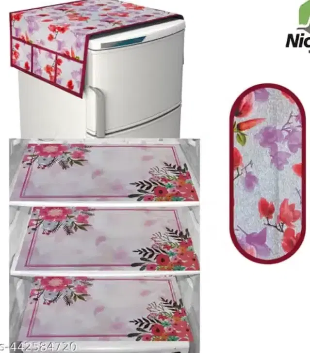 Waterproof Fridge Cover, With 3xFridge Mat And 1 xHandle Cover Pack Of 5 Purple/Red Flower