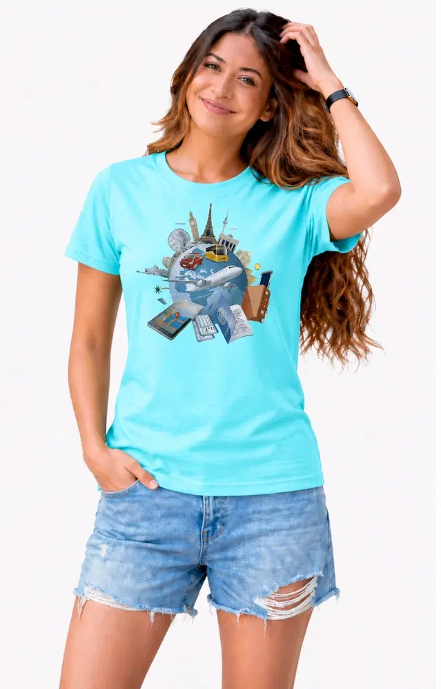 Cotton Blend Tshirts for Women (Aqua Blue, S)