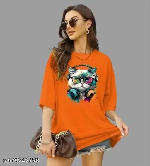 Cotton Blend Printed T-Shirt for Women, Orange (XS)