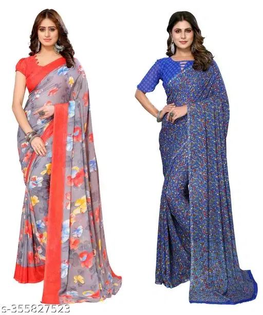 Designer Printed Georgette Saree for Women, Pack of 2 (Multicolor, Free Size)