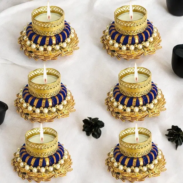 Metal Designer Tealight Candle Holder, Blue, 8.5x8.5x3.5 cm, Pack of 6