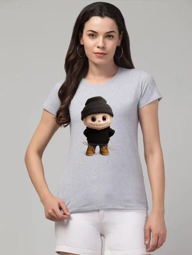 Cotton Blend Printed T-shirt for Women, Grey (XL)