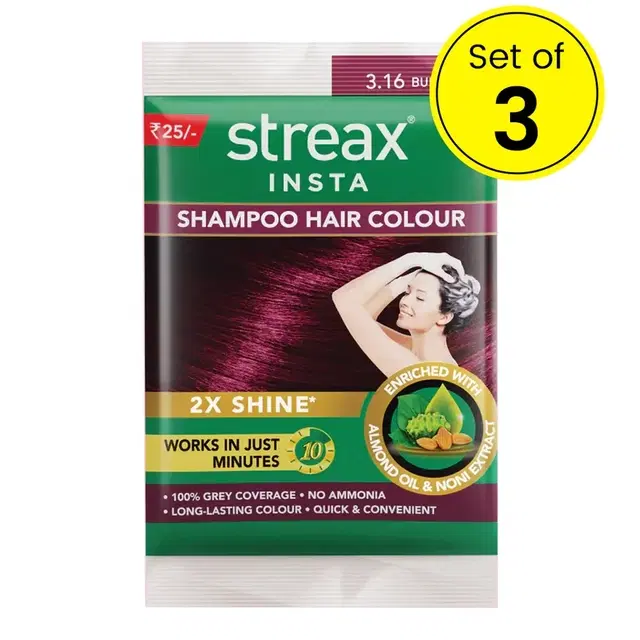 Streax Insta Shampoo Hair Colour Burgundy 3.16, 3X18 ml (Pack of 3)