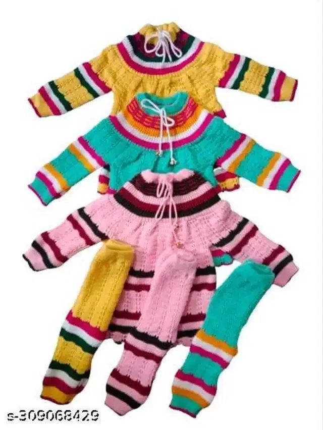 Woolen Sweater & Pant for Girls, Set of 3 (Multicolor, 3-6 Months)