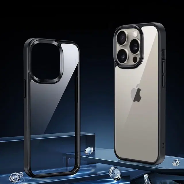 Polycarbonate Transparent Hybrid Hard Bumper Mobile Back Cover for Apple iPhone 15 Pro, Black
