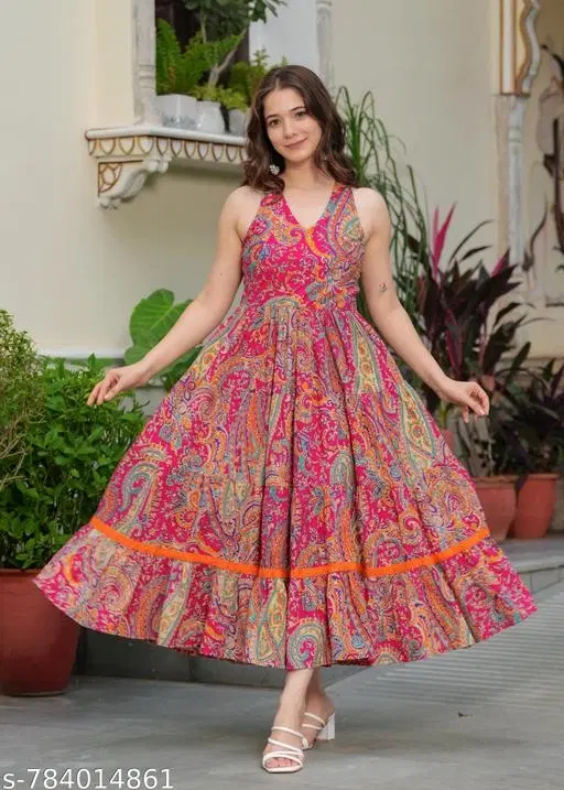 Rayon Printed Kurti for Women, Pink (XXL)