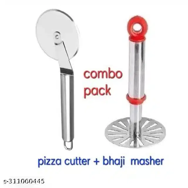 Stainless Steel Pizza Cutter with Masher, Silver, Set of 2