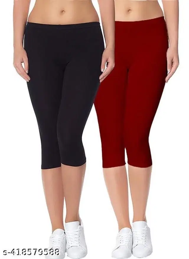 Cotton Lycra Capri for Women, Pack of 2 (Multicolor, M)