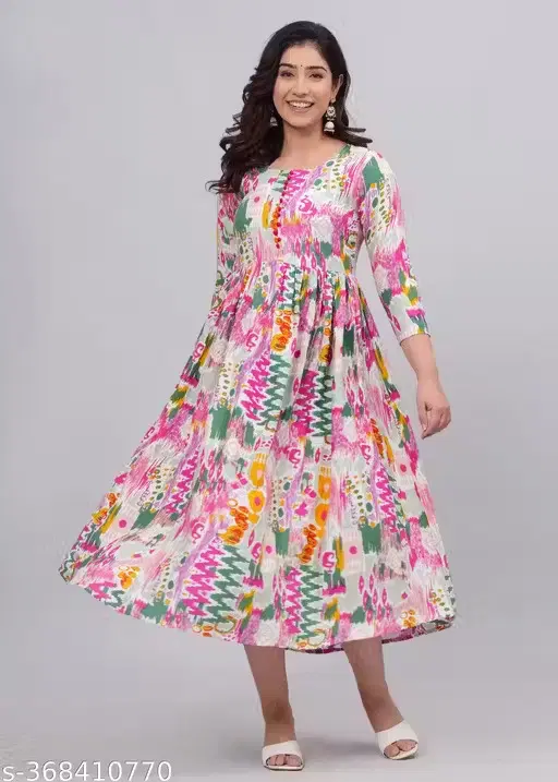 Rayon Printed Anarkali Kurti for Women, Multicolor (L)