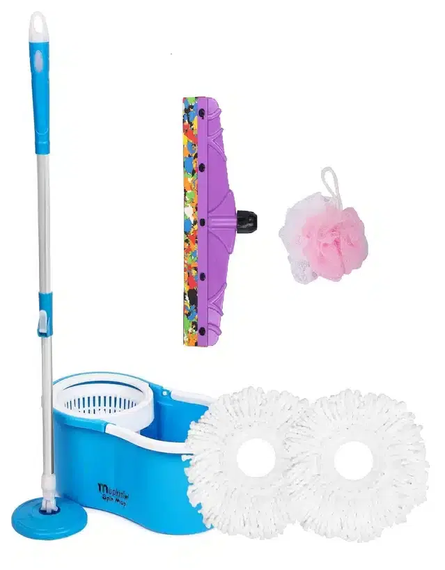 PVC Magic Spin Bucket Mop with 2 Refill & Cleaning Accessories Set, Blue, Set of 3