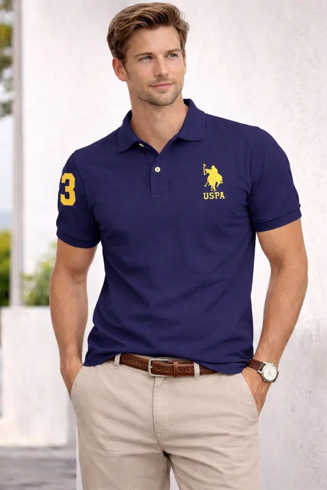Cotton Matty Polo Neck T-shirt for Men, Navy (M)