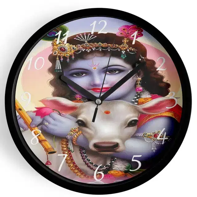 Analog Lord Krishna Wall Clock for Home, Black, 7 Inches