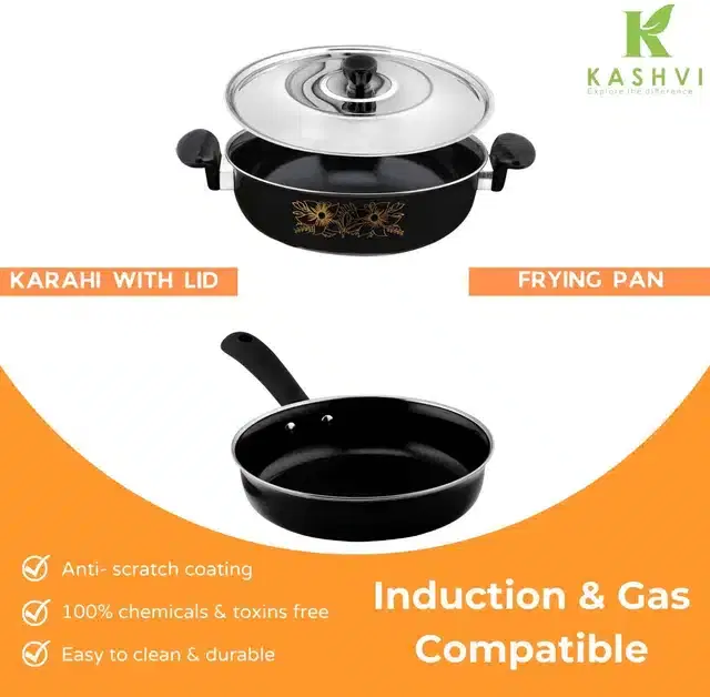 Non Stick Kadai with Stainless Steel Lid & Frying Pan, Black, Set of 2