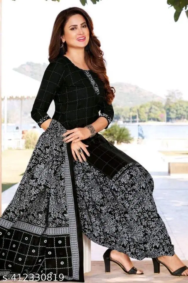 Crepe Printed Unstitched Suits Fabrics for Women (Black & Grey, 2.25 m)