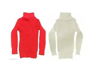 Woolen Solid High Neck Sweaters for Girls, Pack of 2 (Red & White, 6-7 Years)