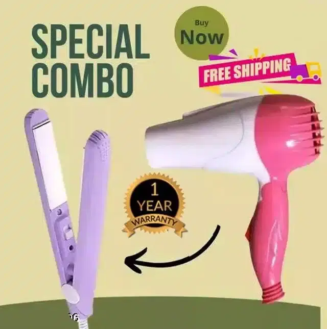 Mini Hair Straightener & Dryer Combo, Set of 2, Multicolor, 100 W