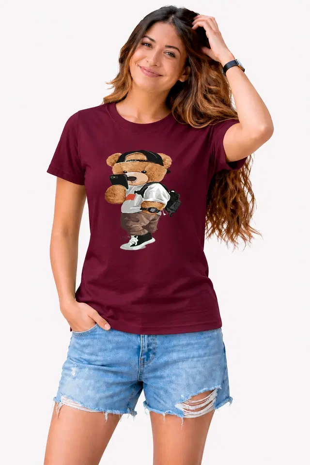 Cotton Blend Tshirts for Women (Maroon, S)