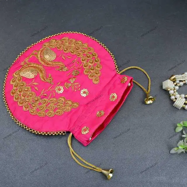 Cotton Silk Ethnic & Traditional Handheld Potli for Women, Dark Pink, A-52