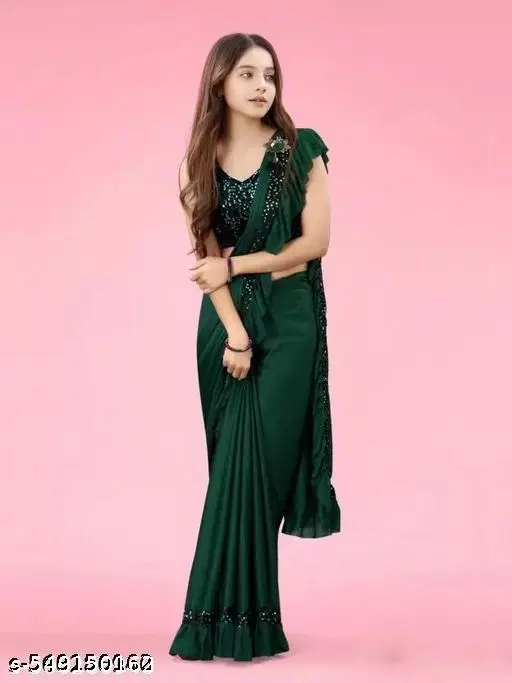 Lycra Embellished Saree for Girls, Green (Free Size)