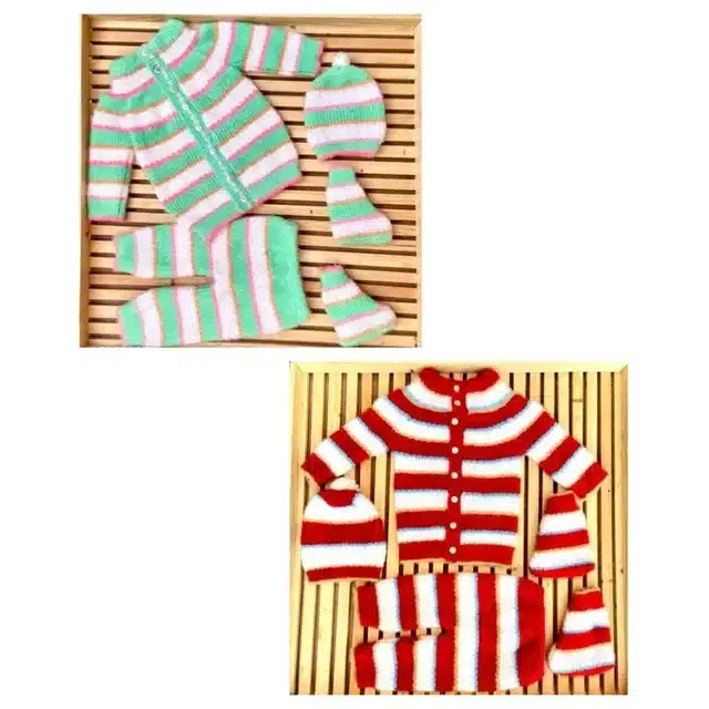 Full Sleeves Sweater with Pant, Cap & Booties, Pack of 2 (Multicolor, 0-6 Month)