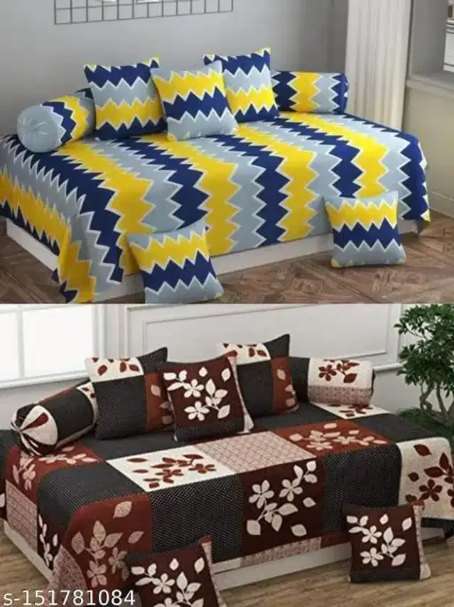 Polycotton Diwan Cover Set, Multicolor, Combo of 2