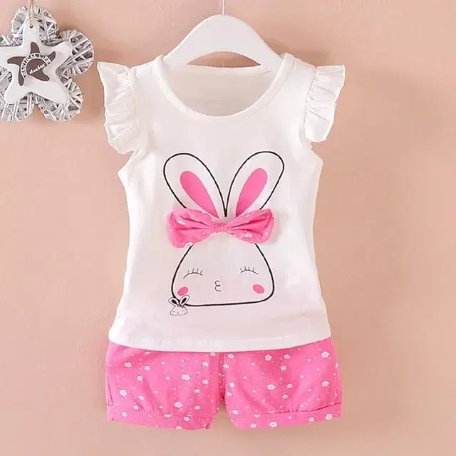 Hosiery Cotton Printed Clothings Set for Girls, White & Pink (12-18 Months)
